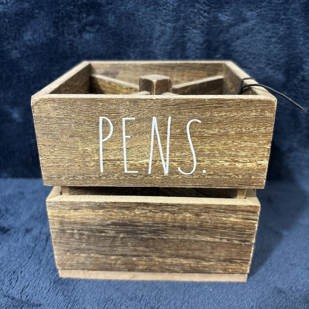 Rae Dunn Wooden Brown Spinning Pen Pencil Caddy Holder Organizer - Brand New